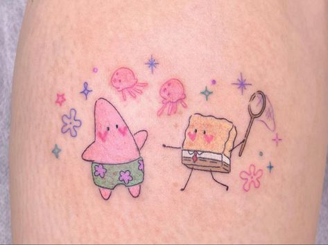 Spongebob And Patrick Best Friend Tattoo, Minimal Spongebob Tattoo, Squidward Tattoo Design, Spongebob Minimalist Tattoo, Spongebob Cloud Tattoo, Cute Spongebob Tattoos, Matching Spongebob Tattoos, Squidward Tattoo, Spongebob Flower Tattoo