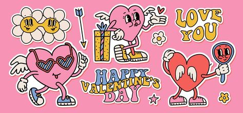 Groovy hippie love sticker set. Retro cartoon Valentines day elements. Comic happy heart character in trendy retro 60s 70s style. Mascot and flower elements. Vector contour illustration. Cartoon Valentines Day, Heart Character, Flower Elements, Baby Nursery Prints, Valentines Gift Bags, Retro Cartoon, Hippie Love, Retro 60s, Love Tarot