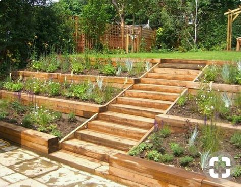 Side hill garden Sloped Backyard Landscaping, Hillside Garden, Sloped Backyard, Tiered Garden, Hillside Landscaping, Sloped Garden, Backyard Vegetable Gardens, Wooden Steps, Garden Steps