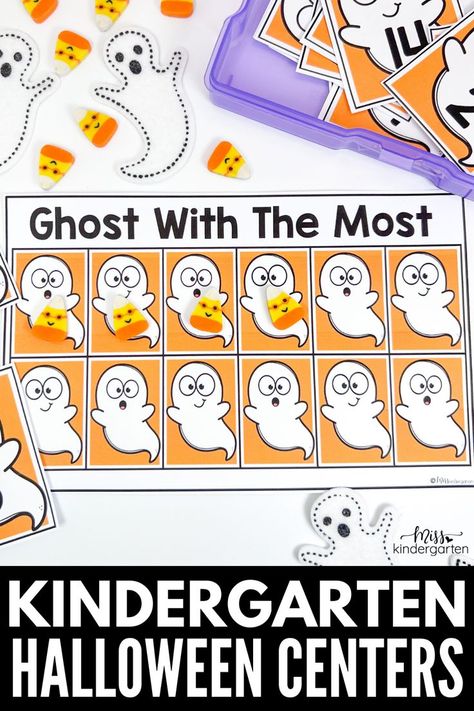 A "Ghost with the Most" Halloween center for kindergarten Fun Halloween Centers For Kindergarten, Halloween Centers For Kindergarten, Fun Morning Work, Halloween Literacy Activities, Halloween Stations, Halloween Literacy, Kindergarten Halloween, Halloween Centers, Centers For Kindergarten