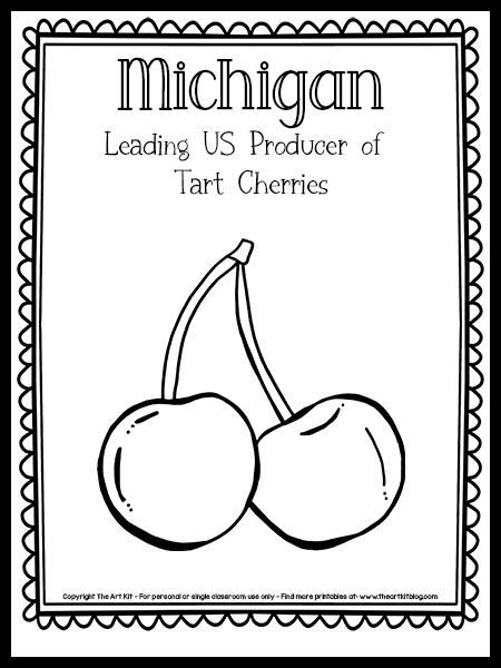 Cherry Activities For Preschool, Michigan Preschool Activities, Cherry Template Free Printable, Cherry Coloring Page, Michigan Coloring Pages, Michigan Clip Art, Michigan Crafts, State Project, Michigan Facts