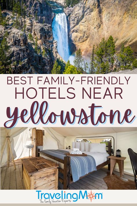 Yellowstone National Park draws crowds from all over to catch a glimpse of Old Faithful Geyser, the Grand Canyon of the Yellowstone and Yellowstone Lake. As a popular road trip destination, hotels book up well in advance. Plan ahead and grab one of these best hotels near Yellowstone for families. Find out which accommodations offers the best perks for kids including pools, kitchens, onsite dining, children's activities and allow pets. (photo credits: top-aoldman, bottom-Under Canvas Yellowstone) Yellowstone Lodging, Yellowstone Vacation, Visit Yellowstone, Yellowstone Trip, Vacation Hotel, Yellowstone Park, West Yellowstone, Family Friendly Hotels, Family Hotel