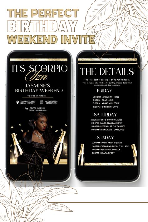 Invite your loved ones to your birthday weekend girls trip with this amazing scorpio digital itinerary invite template! #birthdayweekenditinerary #birthdaygirlaesthetic #scorpioseason #scorpioseasonaesthetic #birthdayitinerarytemplate #blackwomenbirthdayphotoshoot #birthdaytrip Black Girls With Freckles, Birthday Dinner Invitation, Scorpio Birthday, Girl Trip, Quotes Black, 21st Birthday Photoshoot, Pink Birthday Party, Invitation Flyer, Birthday Flyer