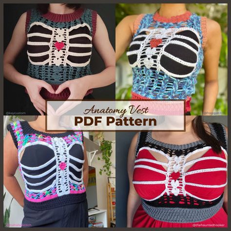 Alternative Sewing Patterns Free, Crochet Rib Cage, Edgy Crochet Patterns, Punk Crochet Patterns Free, Goth Crochet Top, Crochet Anatomy, Cosplay Crochet, Punk Crochet, Hippie Crochet