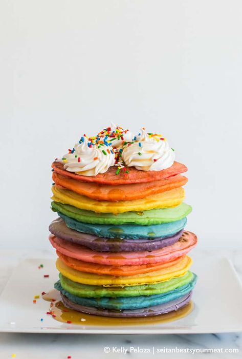 Unique Pancake Recipes, Basic Pancake Recipe, Rainbow Bread, Rainbow Pancakes, Rainbow Snacks, Rainbow Layer Cakes, Pancake Toppings, Vegan Whipped Cream, Homemade Bagels