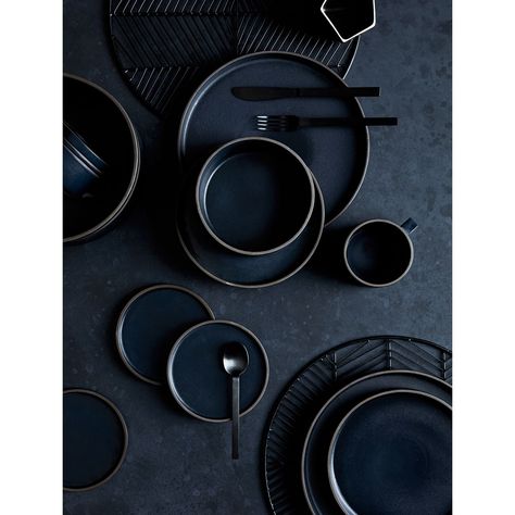 Dark serveware from CB2 Black Tableware, Dark Table, Black Flatware, Black Dinnerware, Black Dinner, Modern Dinnerware, Creative Tables, Tableware Design, Clay Mugs