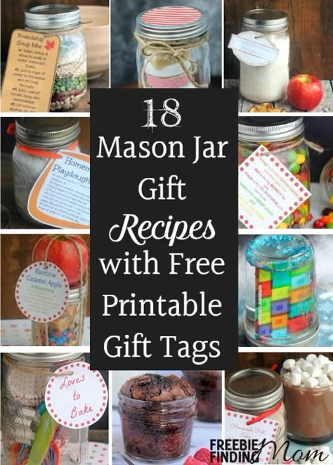 Need thoughtful, homemade, inexpensive gift ideas? Mason jar gift recipes make great DIY gifts for nearly everyone for most any occasion. Here are recipes for Friendship Bean Soup, Reese's Pieces Cookies, Raspberry Brownies, a Mani Pedi in a Jar and more plus you'll find free printable gift tags to help make gift giving even easier. Gifts in a jar are especially perfect for teachers, friends, neighbors, babysitters, and mail people. Jar Gift Recipes, Mason Jar Gifts Recipes, Gift Recipes, Diy Gifts For Christmas, Dollar Diy, Mason Jar Recipes, Mason Jar Gift, Mason Jar Projects, Jar Recipes