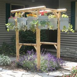 ...another idea for a hanging veggie garden. Greenhouse Projects, Diy Greenhouses, Raised Gardens, Herb Garden Pots, Hanging Herb Garden, Living Garden, Hanging Herbs, Bucket Gardening, Diy Herb Garden