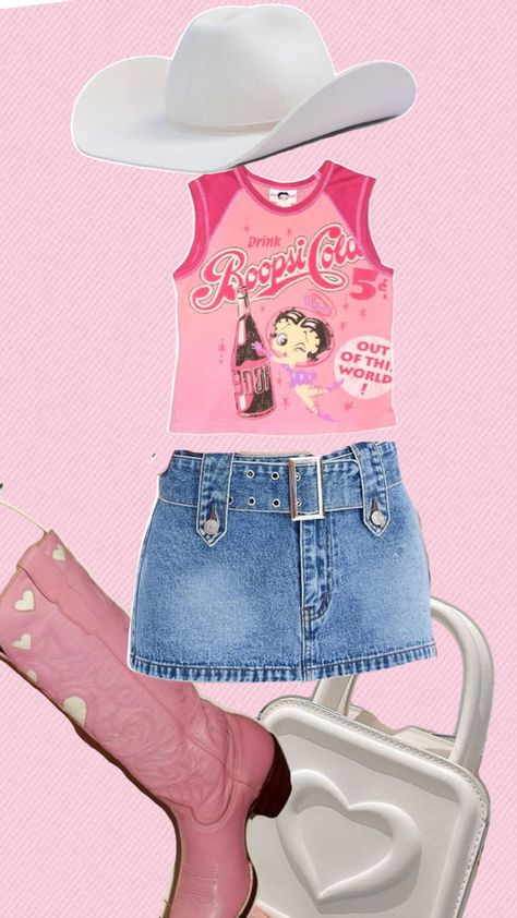 Y2k cowgirl festival outfit idea INSPO, betty boop, pink Cowgirl Festival Outfit, Pink Cowgirl Outfit, Y2k Cowgirl, Betty Boop Pink, Cowgirl Festival, Cowgirl Outfit, Pink Cowgirl, Pink Y2k, Cowgirl Outfits