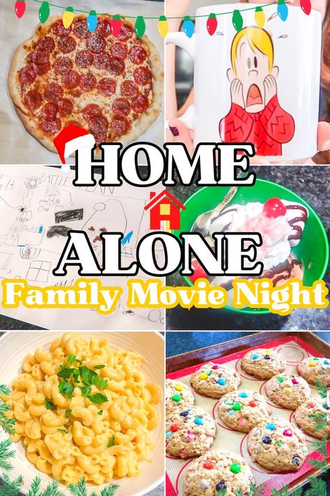 mac and cheese, M&M cookies, a Kevin McCallister Mug, Battle plans, ice cream sundaes, and pepperoni pizza. Pizza Macaroni, Family Movie Night Themes, Movie Night Dinner, Movie Night Theme, Movie Night For Kids, Holiday Movie Night, Family Dinner Night, Movie Night Food, Home Alone Movie