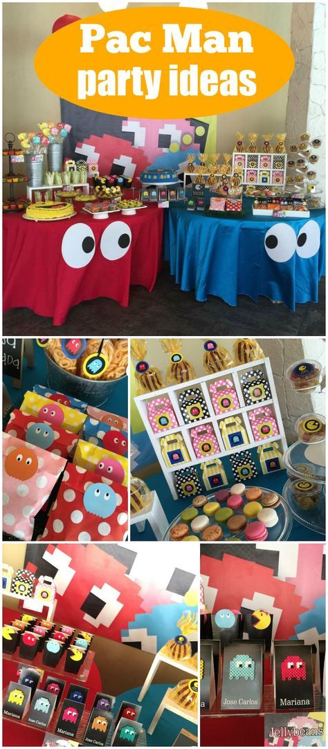 How cool is this Pac-Man retro party?! See more party ideas at CatchMyParty.com! Retro Game Party, Retro Games Party, Pacman Party Games, Pac Man Party Ideas, Pacman Party Ideas, Pac Man Party Decorations, Game Decorations Party, Pac Man Decorations, Retro Arcade Party