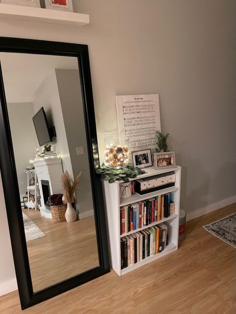 Books, Christmas, decor Book Shelf With Mirror, Bookshelf With Mirror, Full Length Mirror With Side Shelves, Full Body Mirror With Shelves, Long Length Mirror, Holiday Themed Book Shelf, Christmas Bookshelf, Length Mirror, Small Bookshelf