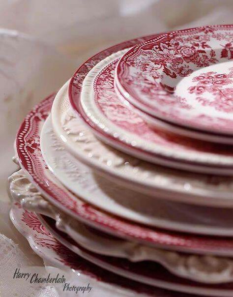 Vintage Pink and White Transferware dishes!!! Bebe'!!! I collect Pink and White Staffordshireware!!! Red China Plates, Cottage Plates, Raspberry Farm, Raspberry Cottage, Cranberry Cottage, Red Transferware, Red Dishes, Red Toile, Favorite Dinner