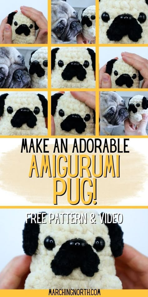 Get the free pattern and step by step tutorial (with video!) for this adorable amigurumi pug! This little pug dog pattern uses chunky yarn and is quick and easy to make! | crochet puppy pattern free | crochet dog amigurumi | amigurumi keychain pattern | pug crochet potato pattern Crocheted Pug Free Pattern, Crochet Pug Free Pattern, Free Crochet Pug Dog Patterns, Free Pug Crochet Pattern, Small Crochet Dog Pattern, Quick And Easy Crochet Amigurumi, Pug Amigurumi Pattern Free, Pitbull Crochet Pattern Free, Crochet Corgi Pattern Free Amigurumi