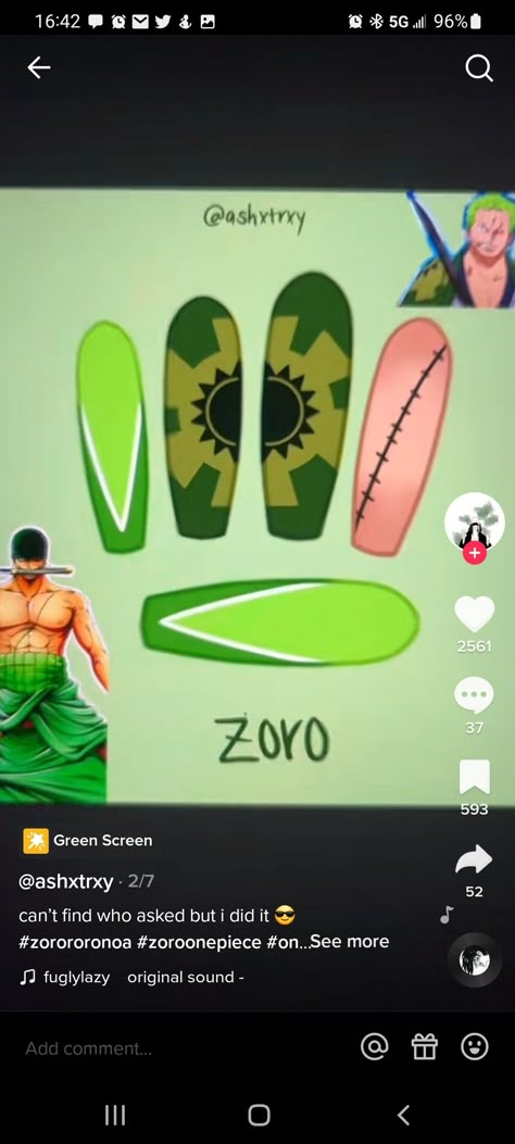 Zoro Inspired Nails, One Piece Anime Nails Designs, Zoro One Piece Nails, Anime Inspired Nails One Piece, Zoro Nail Art, Nami Nails, One Piece Nail Design, Zoro Nails, Uñas One Piece