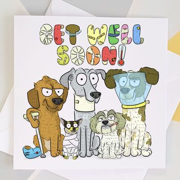 A cute Get Well Soon Card, that is sure to put a smile on anyones face!Show someone you are thinking of them with our cartoon dog get well soon card. Perfect for humans and pets!
The card is left blank inside for your own personal message and comes with a white envelope for you to forward to your recipient.
Depending on monitor settings the colours you see on the screen may not exactly match the actual print colours, but they'll be pretty close!350 gsm silk card stocknullSquare card - 6" by 6" in size