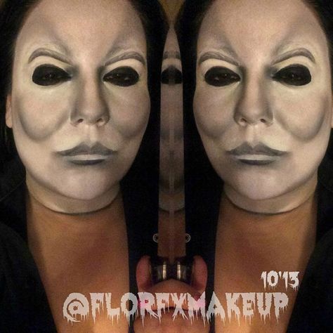 Spin on Michael Meyers. Used Tako & Bulletproof. Michael Myers Female Costume, Devil Makeup Halloween, Michael Myers Face, Michael Myers Costume, Gore Makeup, Devil Makeup, Holloween Makeup, Media Makeup, Effects Makeup