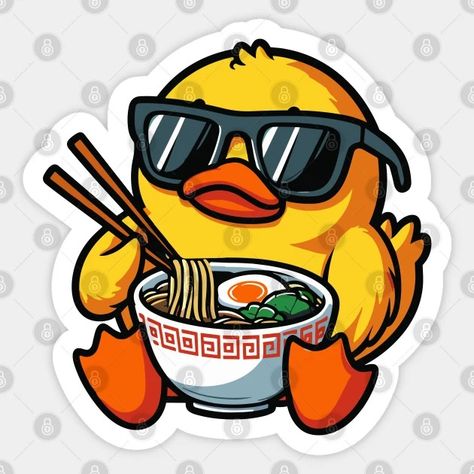 Duck With Sunglasses Eating Ramen - Duck Lover - Sticker | TeePublic Duck With Sunglasses, Ramen Art, Duck Stickers, Duck Character, Biker Stuff, Duck Pictures, Eating Ramen, Rubber Duckies, Lover Sticker