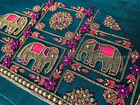 Patola Handwork Blouse, Peacock Elephant Maggam Work Blouses, Elephant Blouse Designs, Elephant Work Blouse Designs, Elephant Embroidery Design Blouse, Elephant Design Blouse Work, Elephant Maggam Work Designs, Arvi The Couturier, Patches Design