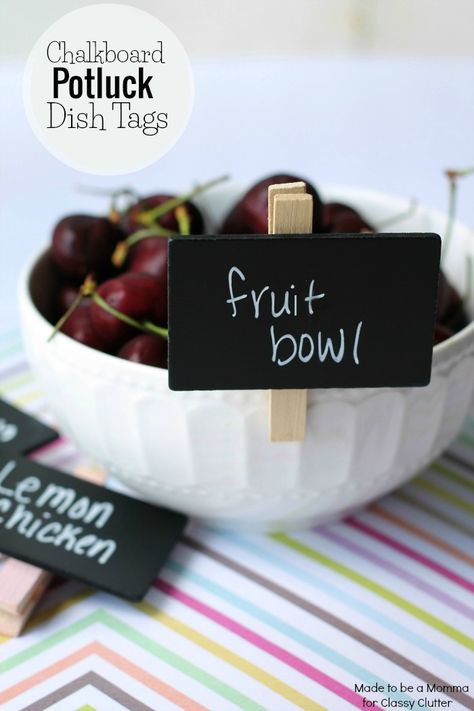 Adorable Poluck Dish Tags - what a cute idea! | www.classyclutter.net Potluck Dishes, Diy Chalkboard, Chalkboard Paint, Party Entertainment, Food Labels, Clothespins, Grout, Diy Party, Diy Food