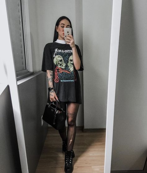 Cute Hhn Outfits, Oversized Tshirt With Tights Outfit, Doc Martens Outfit Alt, Rap Concert Outfits For Women, Evanescence Concert Outfit, Baggy Band Tee Outfit, Hairdresser Outfit Work Black, Gothic Summer Outfits Grunge, Comic Con Outfits Casual