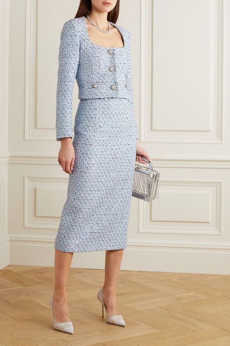 Alessandra Rich Cropped Crystal-Embellished Sequined Tweed Jacket Cropped Tweed Jacket Outfit, Trooping The Colour 2023, Tweed Set Outfit, Net A Porter Outfits, Tweed Clothes, Colour 2023, Jeans Casual Outfit, Tweed Jacket Outfit, Tweed Fashion