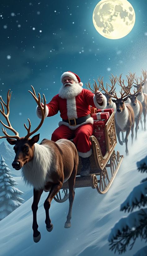 Santa With Reindeer, Santa Claus Pictures, Santa Claus Images, Santa Art, Merry Christmas Pictures, Santa And His Reindeer, Santa Pictures, Holiday Pictures, Christmas Scenes