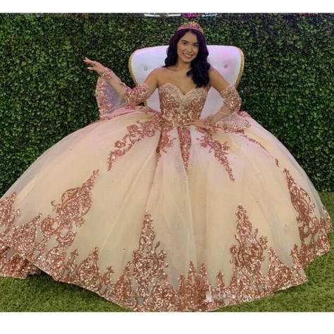 Sparkly Ball Gown, Dresses Puffy, Rose Gold Quince, Gold Quinceanera, Rose Gold Quinceanera, Tulle Formal Dress, Luis Guzman, Dresses Ruffles, Quinceanera Theme