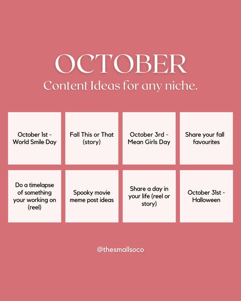 Save this post for later - October content ideas! 🍂 October Content Ideas, Facebook Content Ideas, Ig Content Ideas, Mean Girls Day, World Smile Day, Facebook Content, October Fashion, Spooky Movies, Hello October