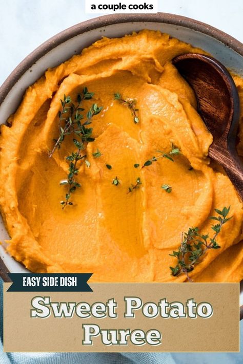 Enjoy this luscious sweet potato puree! Silky smooth, it’s perfect as a side dish or as a component of other recipes for fall and Thanksgiving. Pureed Sweet Potato Recipes, Sweet Potato Puree Recipes, Sweet Potato Mashed Potatoes, Sweet Potato Puree Baby, Potato Puree Recipe, White Sweet Potato Recipe, Antihistamine Diet, French Mashed Potatoes, Sweet Potato Sauce