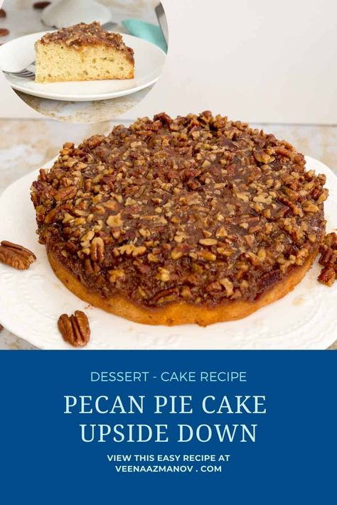 This upside-down pecan cake has a layer of pecans caramelized on the bottom of a light and fluffy vanilla batter. When turned upside down, the caramelized juices sink into the baked sponge. The luxury of pie and cake all in one. #pecan #pie #cake #recipe #fall #thanksgiving #roshashan #pecancake #upsidedowncake #upsidedownpecancake. Upside Down Pecan Cake, Pecan Pie Cake Recipe, Pecan Pie Ingredients, Pecan Pie Cake, Cake Video, Baking Decorating, Pecan Cake, Pecan Pie Recipe, Pecan Recipes