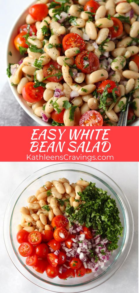 Easy White Bean Salad is a fresh, healthy, and simple vegan side dish! Perfect served with so many meals and it’s great for summer grilling season. Just canned white beans, some veggies, and an easy lemon dressing. White Bean Salad Recipes, Easy Healthy Side Dishes, Burger Side Dishes, White Bean Recipes, Healthy Beans, White Bean Salad, Bean Salad Recipes, Vegan Side Dishes, Vegan Sides