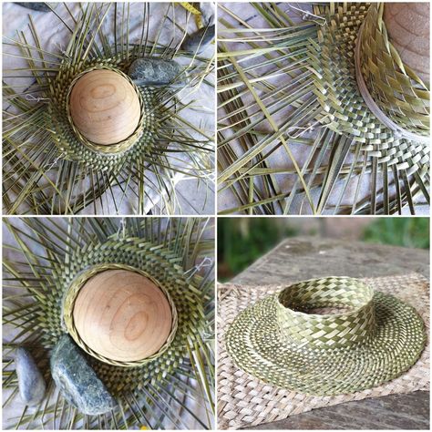 Meremade® Pattern 002 Flax Visor | Flaxweaving's Blog Lauhala Weaving Tutorial, Thai Hat, Hawaiian Hats, Flax Designs, Flax Weaving, Hawaiian Crafts, Coconut Leaves, Basket Weaving Patterns, Flax Flowers