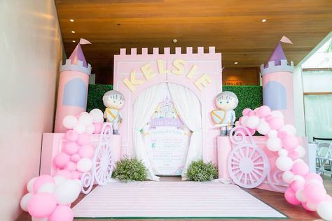 Castle Entrance Backdrop + Milestone Board from a Royal Princess Birthday Party on Kara's Party Ideas | KarasPartyIdeas.com (16) Disney Princess Party Entrance, Princess Theme Birthday Party Backdrops, Princess Party Entrance, Disney Princess Birthday Backdrop, Princess Backdrop Ideas, Castle Party Decorations, Castle Theme Birthday Party, Castle Birthday Decorations, Princess Theme Backdrop