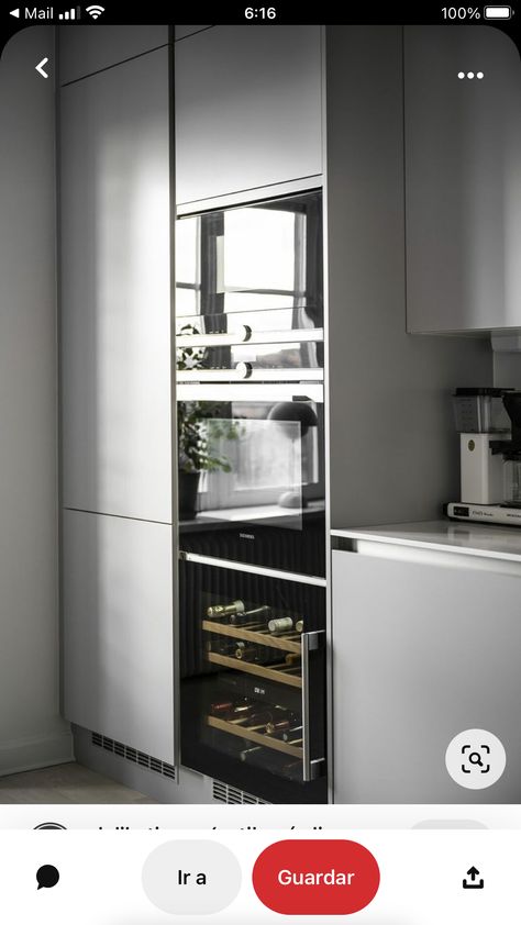 Tiny Modern Kitchen, Small Wine Refrigerator, Kitchen Wine Fridge, Wine Fridge Cabinet, Small Wine Fridge, Integrated Kitchen Appliances, Kitchen Scandinavian Style, Kitchen Built Ins, Fridge Kitchen