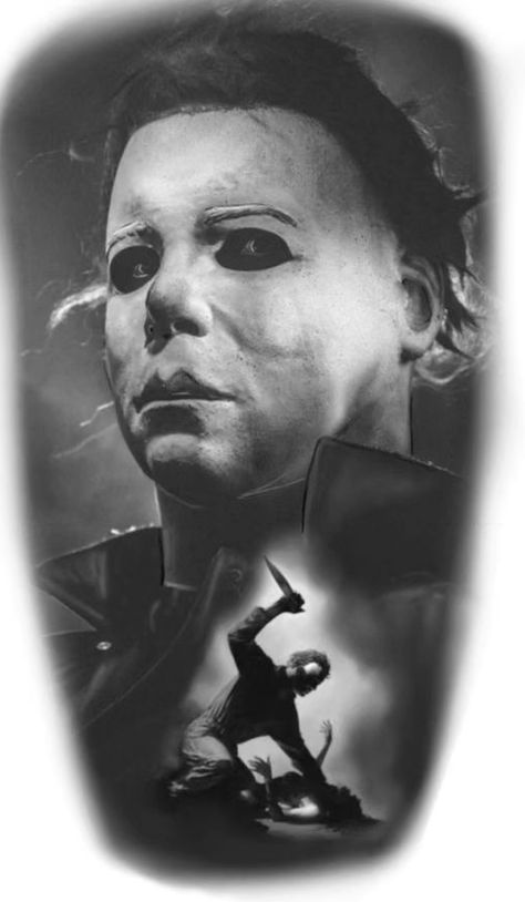 Michael Myers Drawing Pencil, Mike Myers Tattoo, Michael Myers Tattoo Stencil, The Exorcist Tattoo, Horror Portrait Tattoo, Michael Myers Portrait, Michael Myers Tattoo Design, Ghostface Tattoo Design, Micheal Myers Tattoo