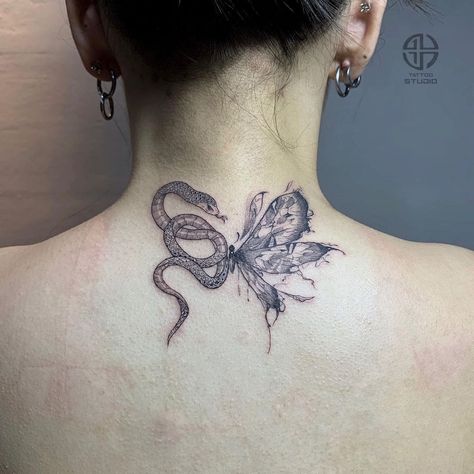 Snake Eating Butterfly Tattoo, Butterfly Snake Tattoo, Snake And Butterfly Tattoo, Snake Butterfly Tattoo, Snake And Butterfly, Chest Tattoos, Chest Tattoos For Women, Stylist Tattoos, Spine Tattoos