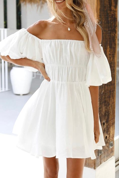 Perfect for brunch, baby shower, or spring wedding! Under $36! Boho White Dress, Flowy Chiffon Dress, Puffy Sleeve Dress, Ruffle Summer Dress, Sun Dress Casual, White Boho Dress, Short Puff Sleeve, Elastic Waist Dress, Dress Flowy