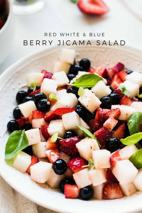 Jicama Recipe, Jicama Salad, Patriotic Picnic, Strawberries Blueberries, Blue Berry, Strawberry Blueberry, Summer Salads, Soup And Salad, Veggie Recipes