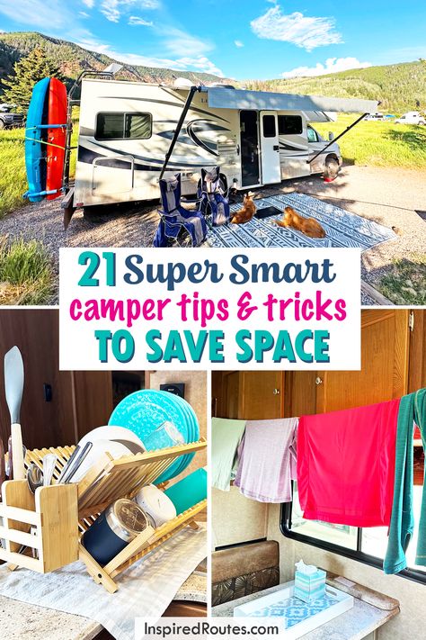 21 Genius Camper Tips and Tricks to Save Space and Stay Organized - Inspired Routes First Time Rv Camping Tips, Camping Trailer Hacks Tips And Tricks, How To Secure Things In Camper, Camping Organization Hacks, Rv Hacks Class C, Tiny Rv Living, Rv Camping For Beginners, Rv Camping Must Haves, Cleaning Camper Interior