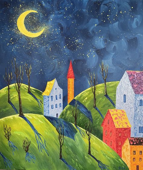 Painting by Liudmyla Riabkova Colorful Houses, Drawings Photography, Dream Painting, Night Moon, Impressionist Landscape, Night Landscape, Cute Paintings, Oil Canvas, Night Scene