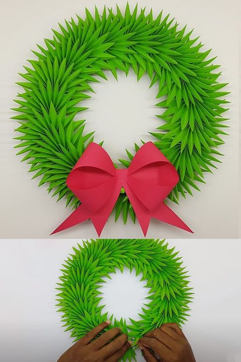 Construction Paper Wreath, Diy Paper Wreath Christmas, Paper Christmas Wreath Diy, Diy Christmas Reefs, Paper Wreath Diy Christmas, Wreath Christmas Diy, Tissue Paper Wreath, Christmas Craft Paper, Make Christmas Wreath