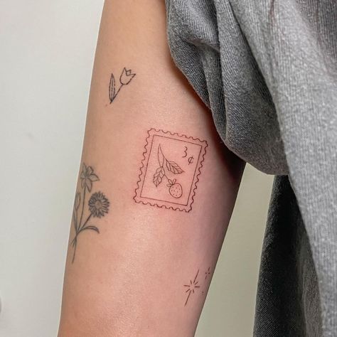 𝚟 𝚊 𝚕 on Instagram: “strawberry post stamp 🍓 thanks carmen !” Strawberry Tattoo, Dainty Tattoos, Aesthetic Tattoo, Dream Tattoos, Post Stamp, Little Tattoos, Simplistic Tattoos, Line Tattoos, Piercing Tattoo