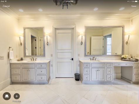 master bath vanity sizes His And Hers Separate Vanities, Master Bath His And Hers Layout, Two Sink Master Bath, Split Bathroom Vanity, Master Double Vanity With Makeup Area, Master Bath Two Vanities, Master Split Vanity, Jack And Jill Bathroom With Vanity, Master Bath With One Sink And Vanity