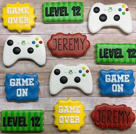 Gaming Royal Icing Cookies, Game Controller Cookies Decorated, Nintendo Switch Cookies Decorated, Game On Cookies, Xbox Cookies Decorated, Level Up Cookies Decorated, Video Game Birthday Cookies, Arcade Cookies Decorated, Video Game Cookies Decorated