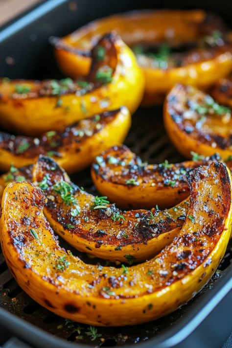 Roasted pumpkin wedges seasoned with herbs and spices in a baking tray. Acorn Squash Fries Air Fryer, Cooking Acorn Squash In Air Fryer, Acorn Squash Recipe Air Fryer, Acorn Squash Fries, Honey Squash Recipe, Savory Acorn Squash, Air Fryer Acorn Squash, Air Fryer Squash, Acorn Squash Recipes Healthy