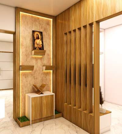 Lighting, Home Decor, Prayer Room, Storage, Flooring Designs by Interior Designer unni Krishnan, Ernakulam | Kolo Christian Alter Ideas For Home, Prayer Unit Design Christian, Lobby Interior Design Home Indian, Prayer Area Ideas Home Christian, Altar Design Home, Altar Design Home Catholic, Christian Prayer Room Design, Catholic Home Altar Ideas Living Rooms, Christian Room