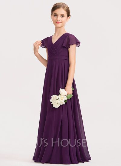 A-Line V-neck Floor-Length Chiffon Junior Bridesmaid Dress With Bow(s) Cascading Ruffles (009191729) - JJ's House Kids Bridesmaid Dress, Bridesmaid Dresses Floor Length, Cascading Ruffles, Dresses Chiffon, Bridesmaid Dresses Online, Junior Bridesmaid Dresses, Chiffon Ruffle, Junior Bridesmaid, Dress Silhouette