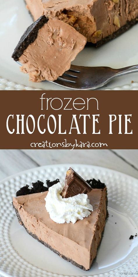 Easy Frozen Chocolate Pie Recipe - Made with melted almond and toffee Symphony bars, this chocolate pie is rich and creamy. The filling only has 4 ingredients! #frozenchocolatepie #easychocolatepie #symphonypie #creationsbykara #hersheyschocolatepie Frozen Pie Recipes, Frozen Chocolate Pie, Fridge Desserts, Chocolate Toffee Bars, Easy Chocolate Pie, Chocolate Pie Recipe, Dessert Pies, Frosty Recipe, Creamy Pie