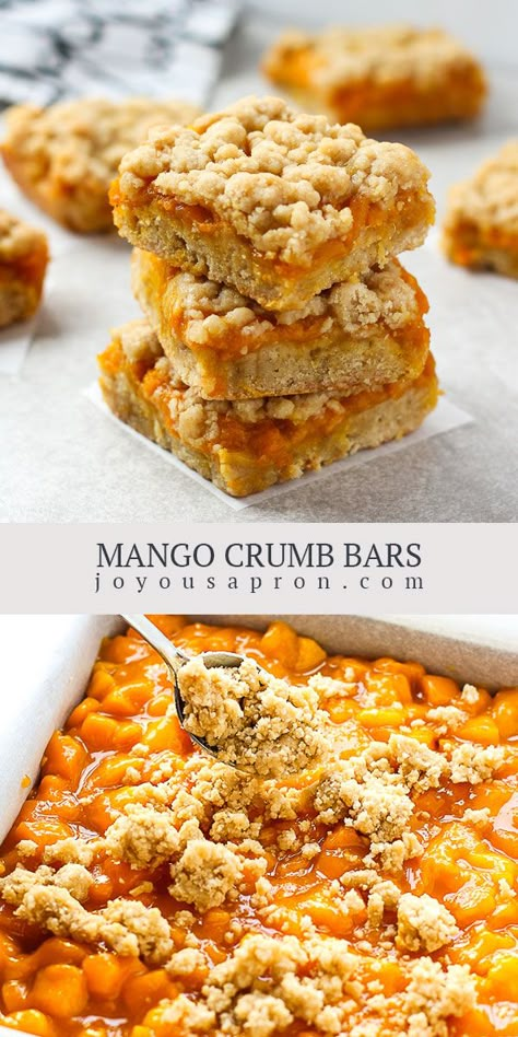 Mango Crumb Bars - buttery crumble combined with a sweet filling made out of fresh mangoes. This fruit dessert is the perfect snack and sweet treat. Easy, yummy and quick! #sweets @dessert #mango #bars #crumble #recipe #joyousapron Mango Bars Recipe, Mango Dessert Recipes Easy Healthy, Mango Easy Recipes, Mango Crumble Recipe, Mango Ideas Snacks, Breakfast With Mango, Mango Baked Goods, Coconut Mango Dessert, Quick Mango Dessert